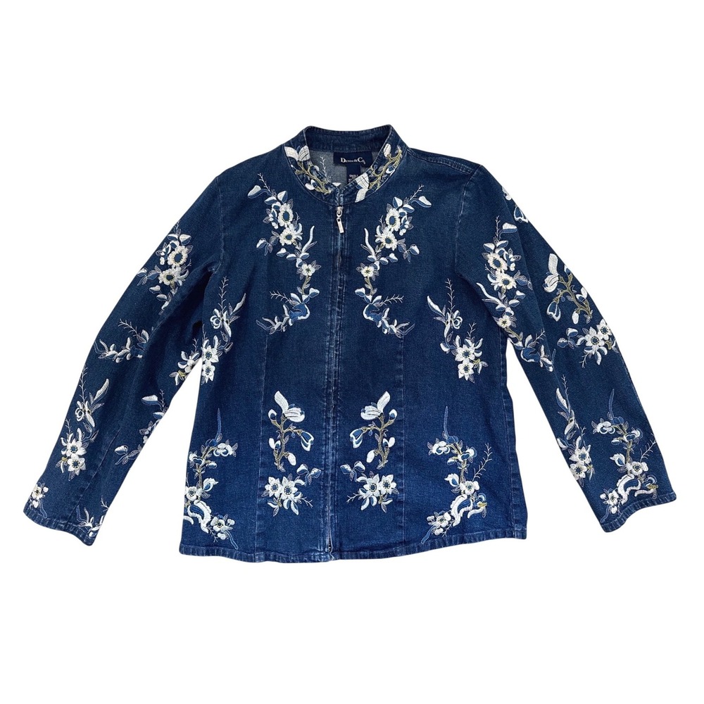 Denim & Co Blue Floral Embroidered Jean Denim Jacket Zip‎ Front Small Western